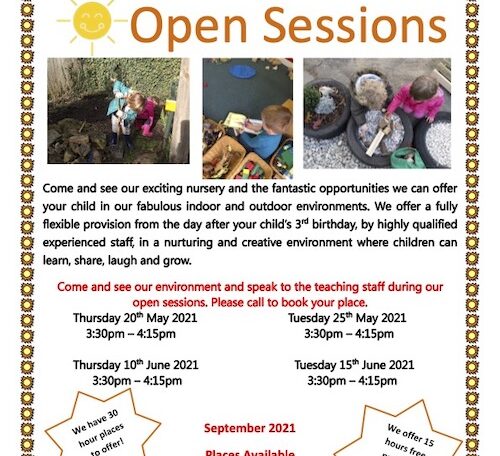 children playing outdoors, bright text and sunshine logo inviting to open days